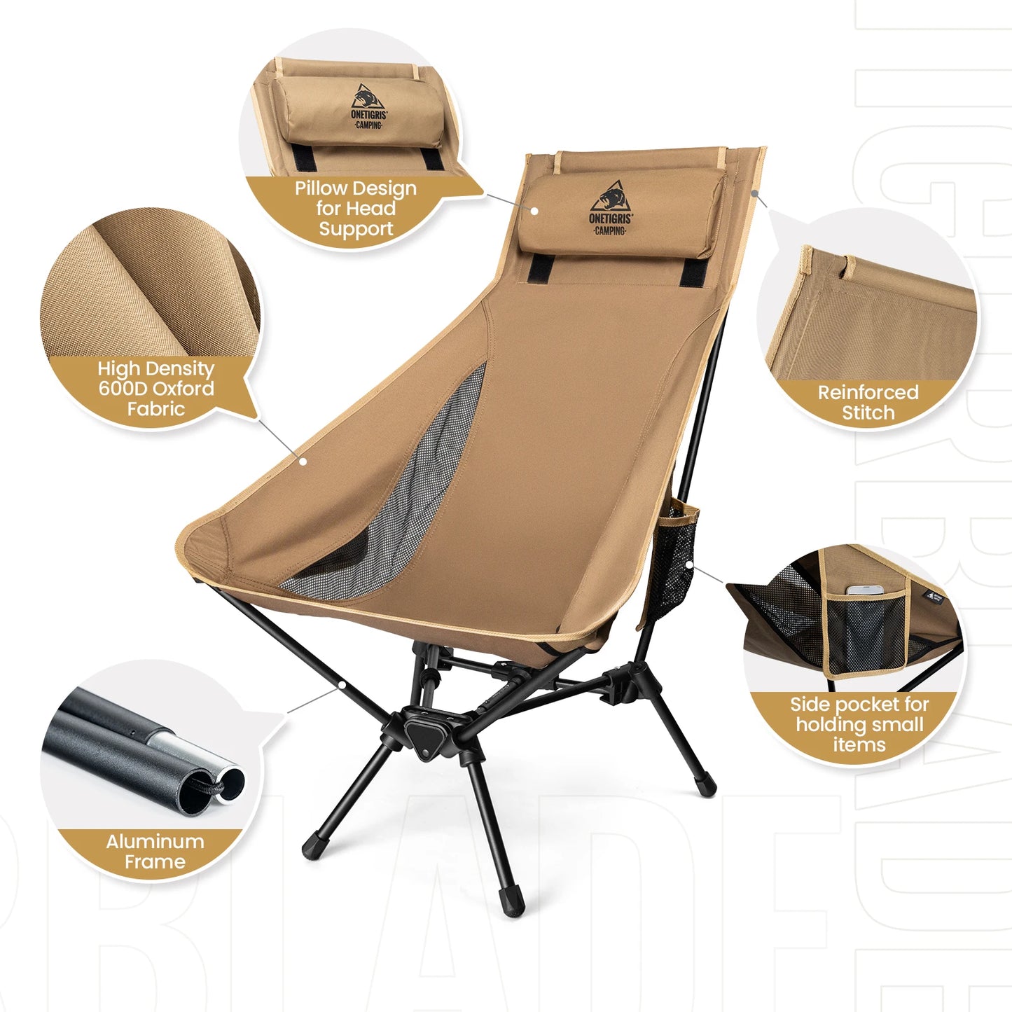 OneTigris Portable Tigerblade Camping Chairs Outdoor High Back Chair For Fishing Trekking BBQ Parties Gardening Indoor Use