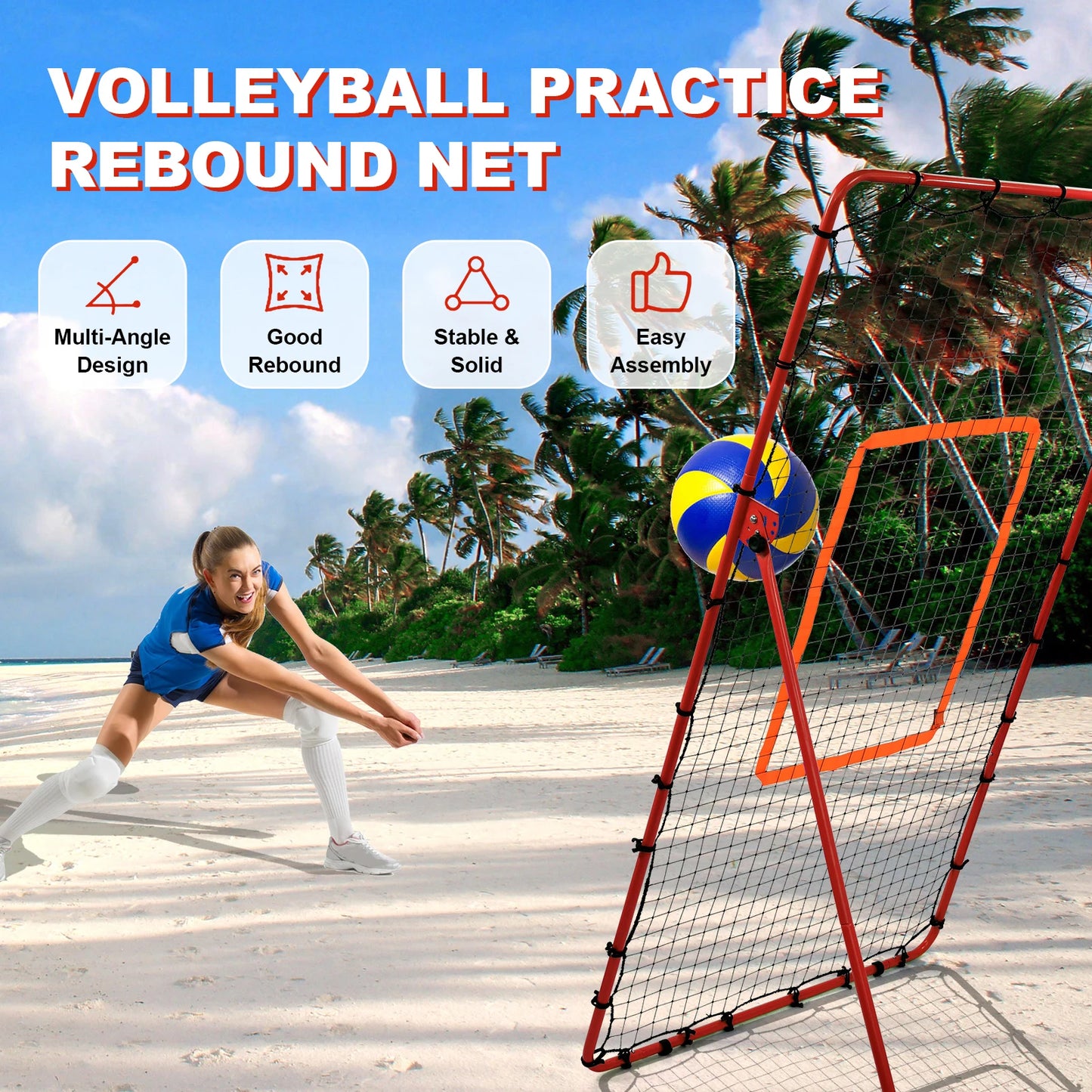 Volleyball Rebound Net 5 Adjustable Rebound Angles Volleyball Net Bounce Back Return Board Net, Portable Throwing Partner red