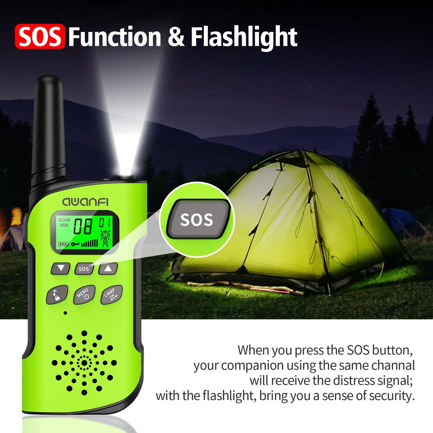 AWANFI Walkie Talkies 4 Packs Rechargeable for kids, Long Range Flashlight 8 Channel, USB Type C for Camping, Hiking, Gifts