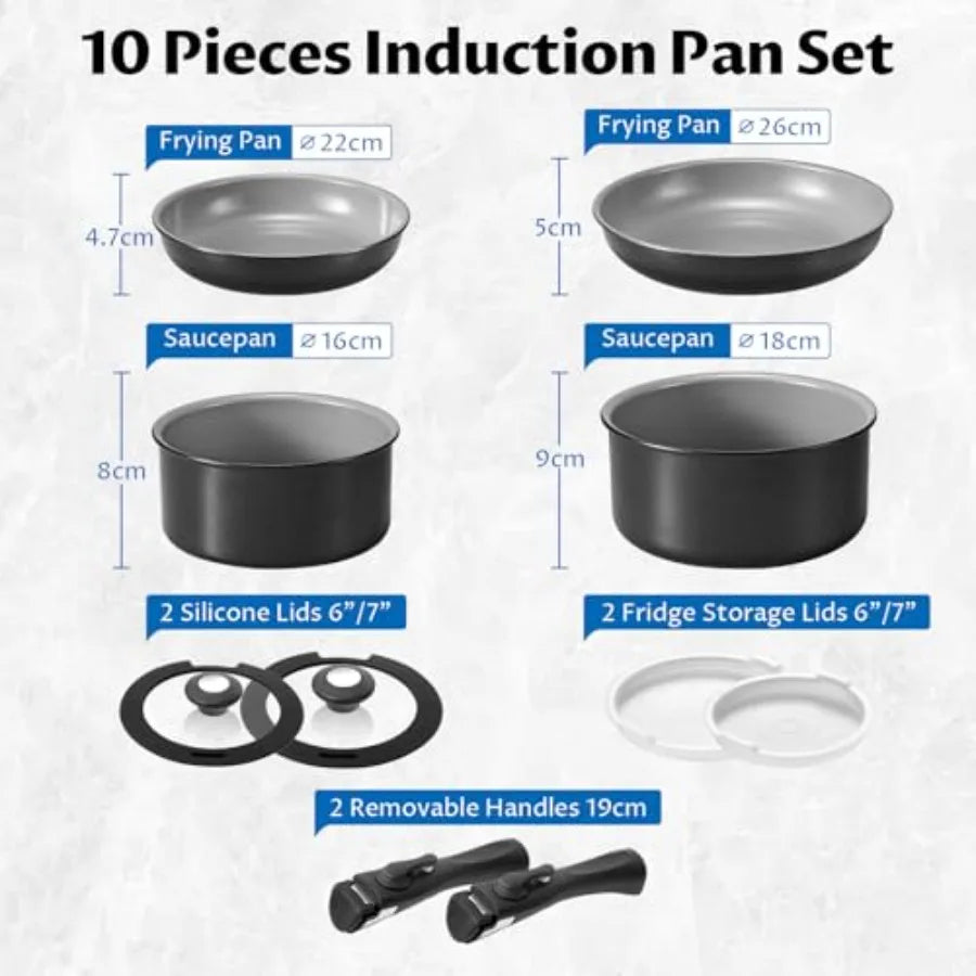 Induction Cookware with Healthy Ceramic Coating for Outdoor Camping and RV Living 10-Piece Nonstick Pots and Pans Set with Deta