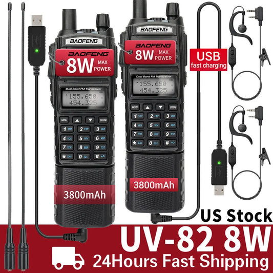 1/2PCS BAOFENG UV-82 8W Walkie Talkie 3800mAh Battery UV82 Dual Band VHF UHF Long Range Emergency Ham Radio Station for Outdoor