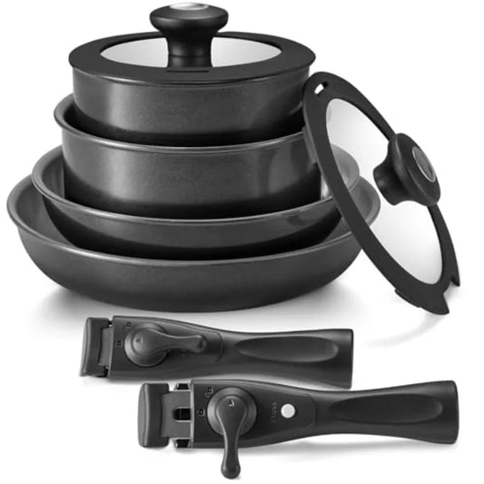 Induction Cookware with Healthy Ceramic Coating for Outdoor Camping and RV Living 10-Piece Nonstick Pots and Pans Set with Deta