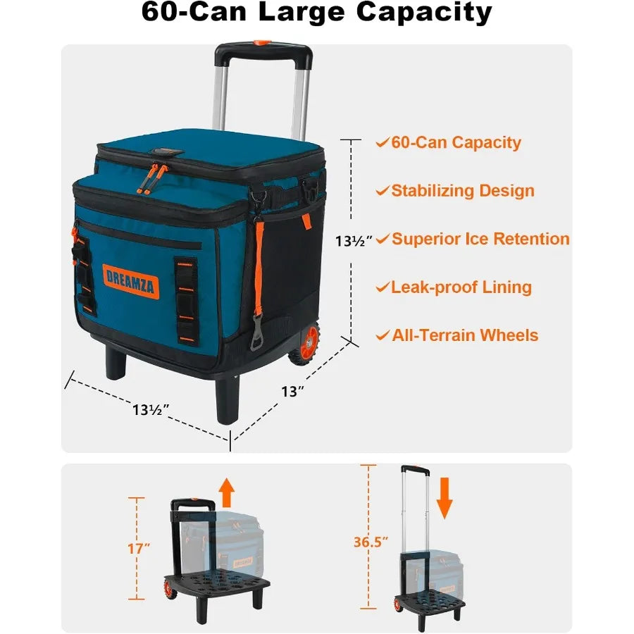 Soft Cooler with Wheels 60-Can Wheeled Cooler with Handle Leak Proof Rolling Cooler Insulated Bag with All-Terrain Cart Collaps