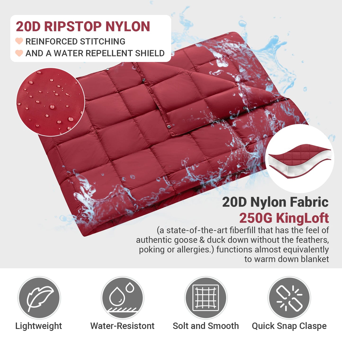 KingCamp Ultralight Camping Blanket, Packable Down Alternative Puffy Wearable Blankets Weatherproof Warm Package Quilt with Snap