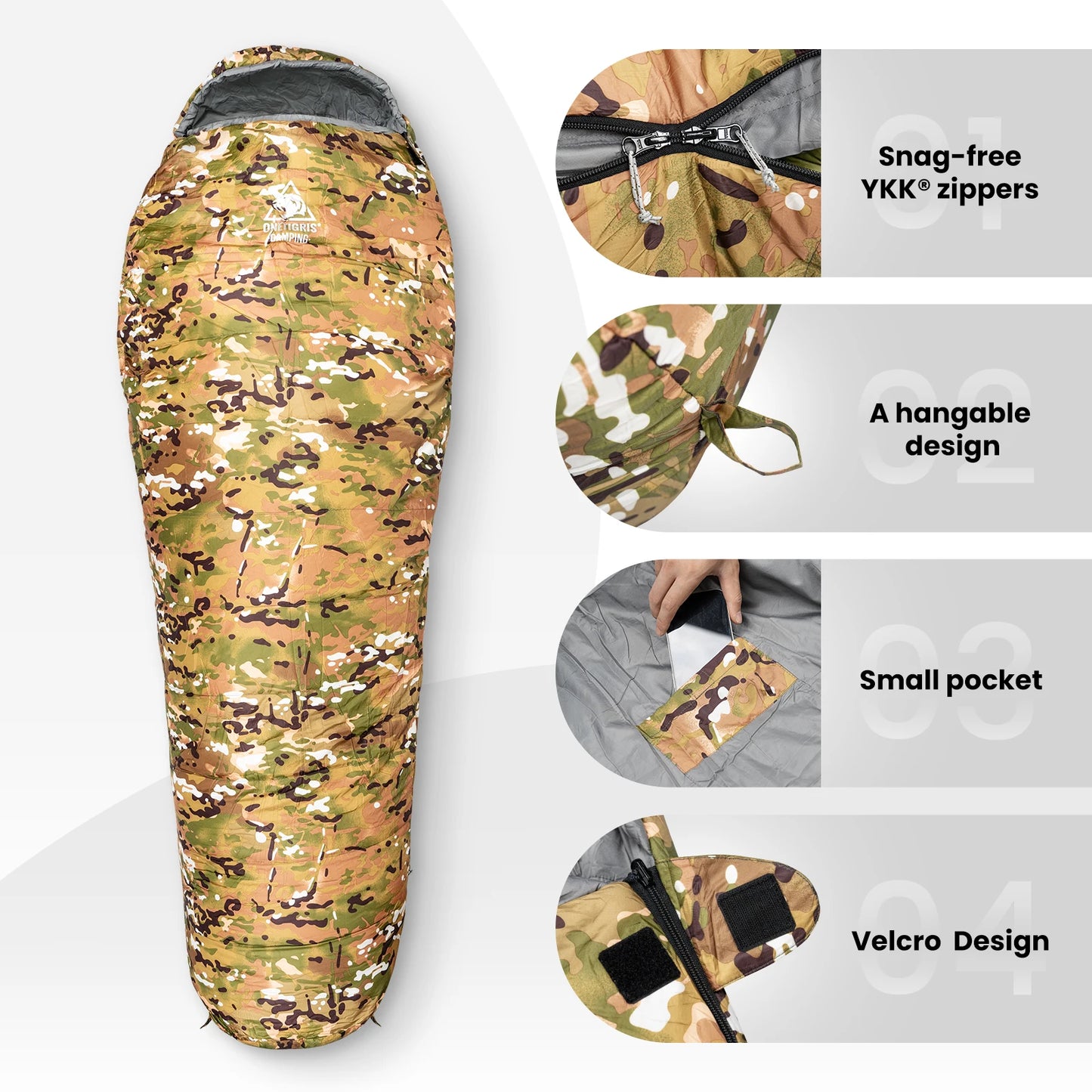 OneTigris Military Camo Mummy Sleeping Bag 0~15C Portable Ultralight Single Sleep Bag For Adult Jungle Survival Camping Hiking
