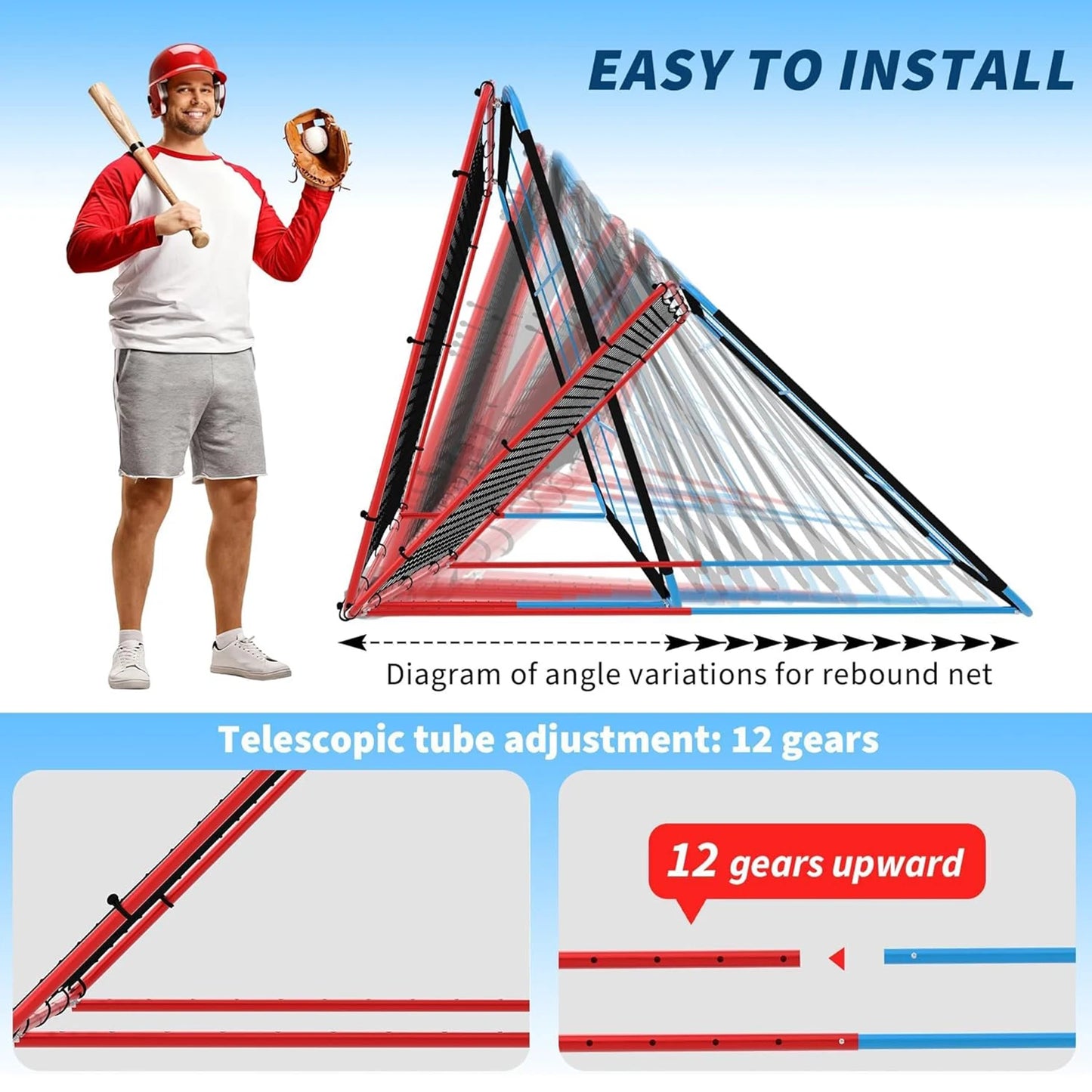 Baseball Rebounder Net, 12-Angle Baseball Pitching Net with 9 Pocket Net, Softball & Baseball Training Equipment