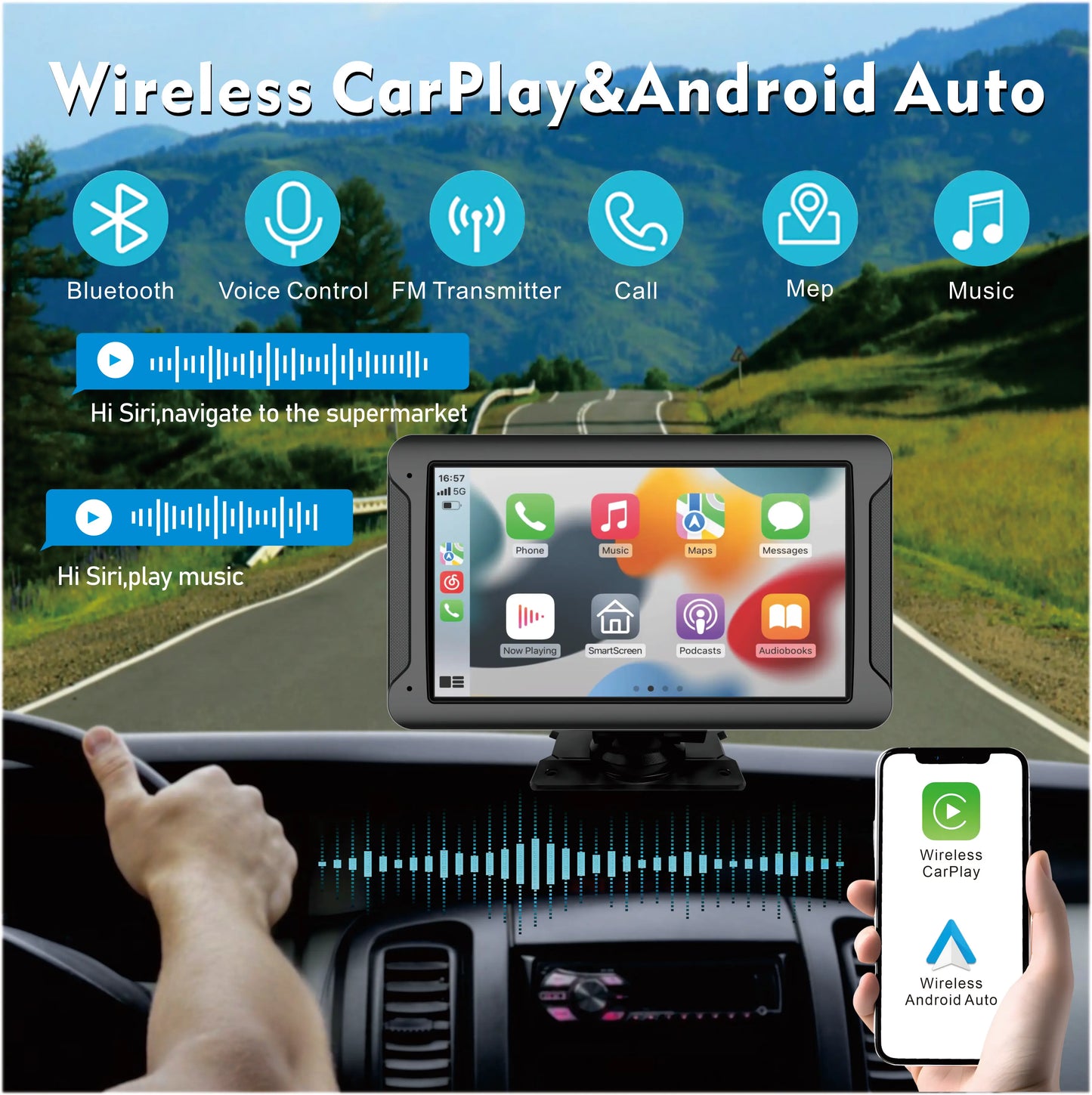 "10.26'' Wireless Car Touchscreen" CarPlay/Android Auto, BT, Backup Cam, Navigation, Mirror Link for All Cars"