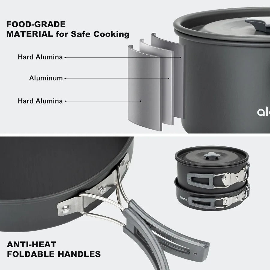 Alocs 17pcs Lightweight Camping Cookware Set for 2 People - Portable Outdoor Cooking Kit with Kettle and Stainless Steel Utensi