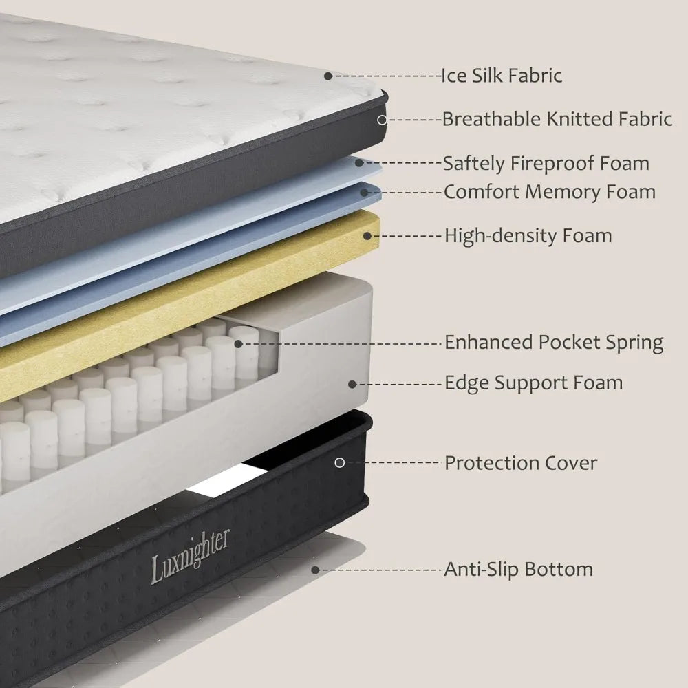 14 Inch Mattress in a Box, Cooling Matress with Memory Foam & Individual Pocket Springs for Pressure Relief & Spinal Alignment