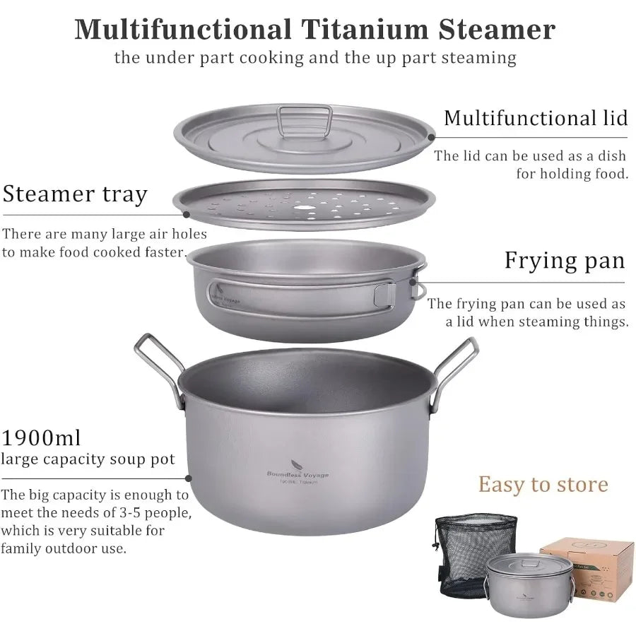 Multifunctional Titanium Steamer Pot with Frying Pan and Vented Lid for Outdoor Camping Backpacking Kitchen: Lightweight Durabl
