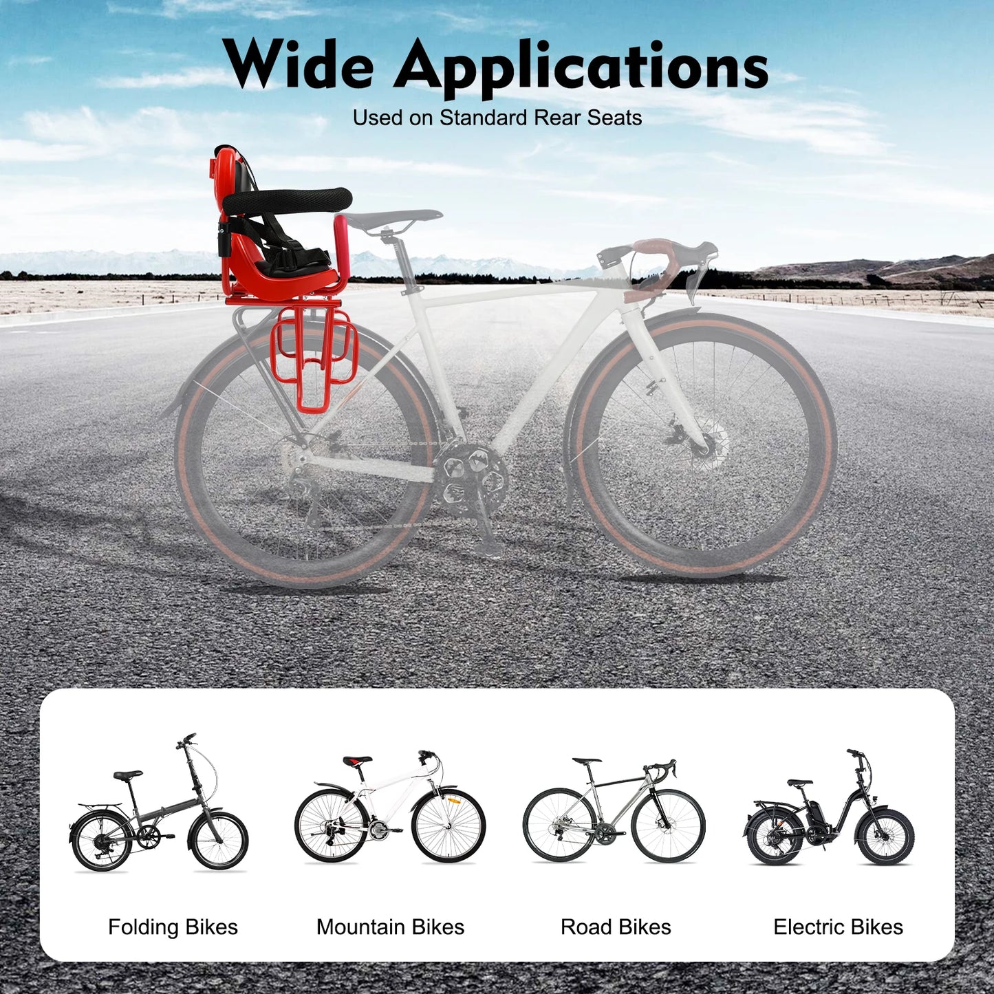 Universal Rear Child Bike Seat Steel Frame Safety Harness for 6M-6Y Kids on MTB Road E-Bike Safe Bike Child Seat