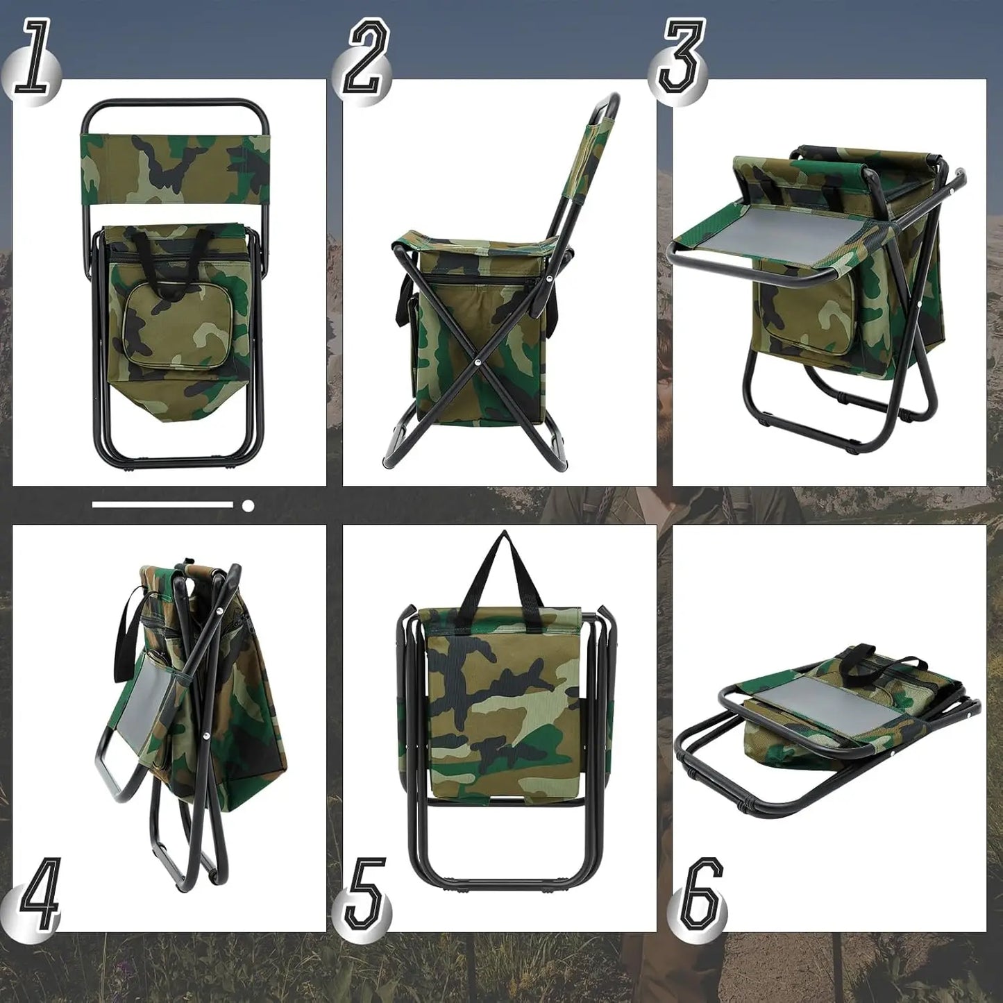 2 Pcs Folding Fishing Chair with Cooler Bag, Portable Camp Hunting Stool, Compact Backrest with Backpack (Camo)