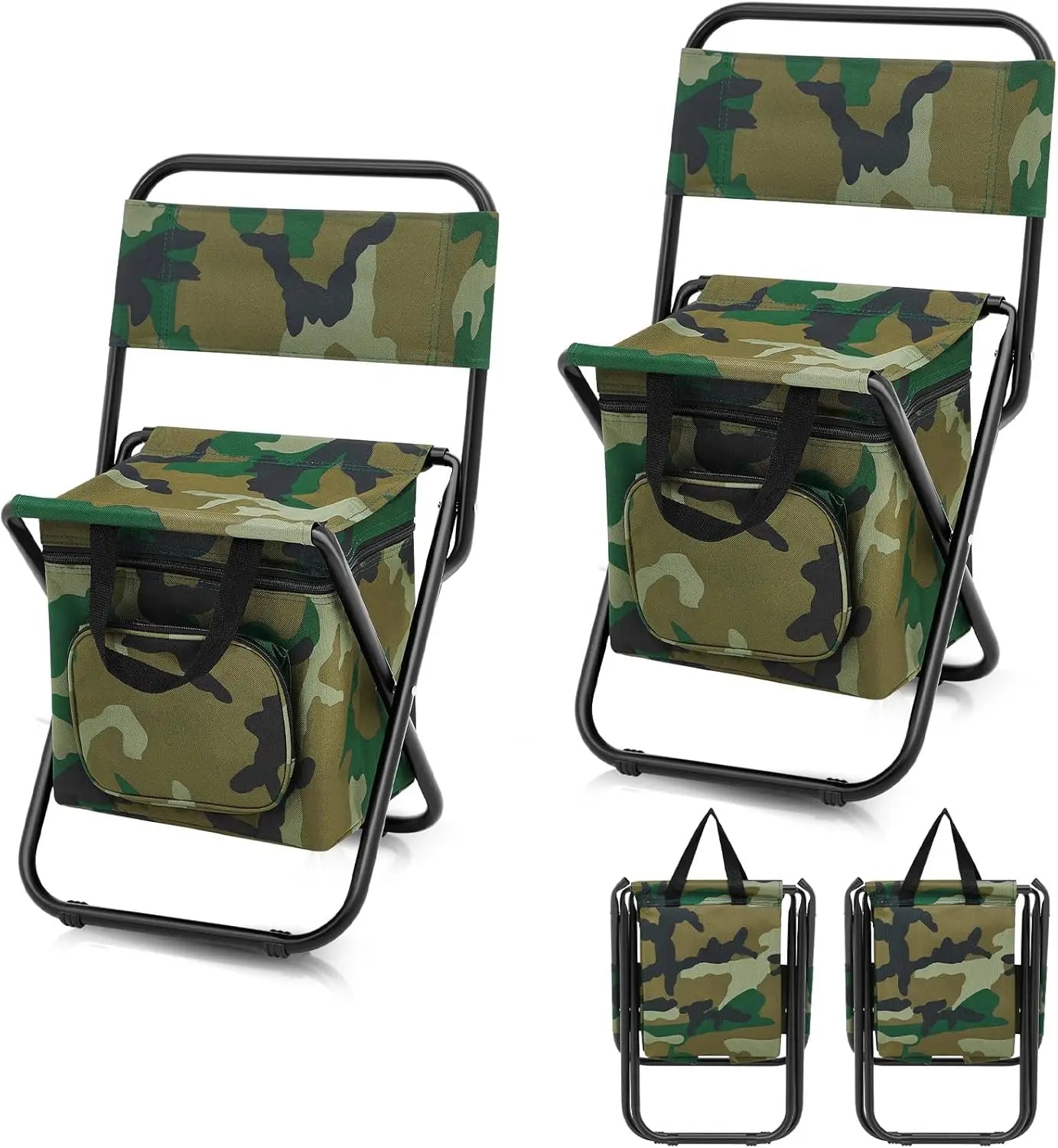 2 Pcs Folding Fishing Chair with Cooler Bag, Portable Camp Hunting Stool, Compact Backrest with Backpack (Camo)