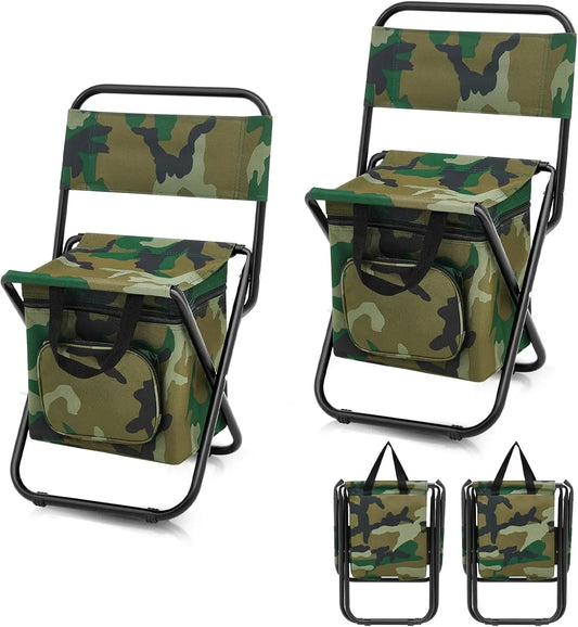 2 Pcs Folding Fishing Chair with Cooler Bag, Portable Camp Hunting Stool, Compact Backrest with Backpack (Camo)