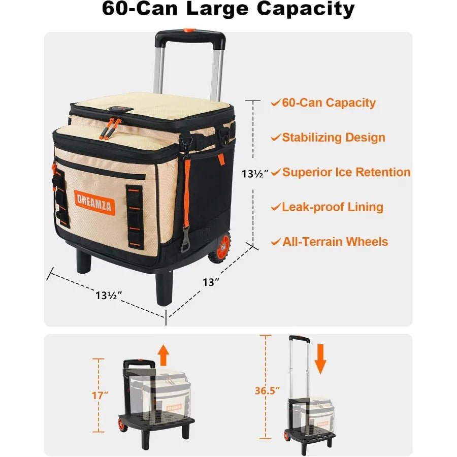 Soft Cooler with Wheels 60-Can Wheeled Cooler with Handle Leak Proof Rolling Cooler Insulated Bag with All-Terrain Cart Collaps