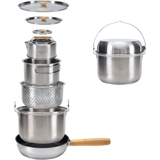 KingCamp Camping Cookware Set 304 Stainless Steel Campfire Cooking Pots Pan and Kettle with Travel Tote Bag for Camping Outdoor