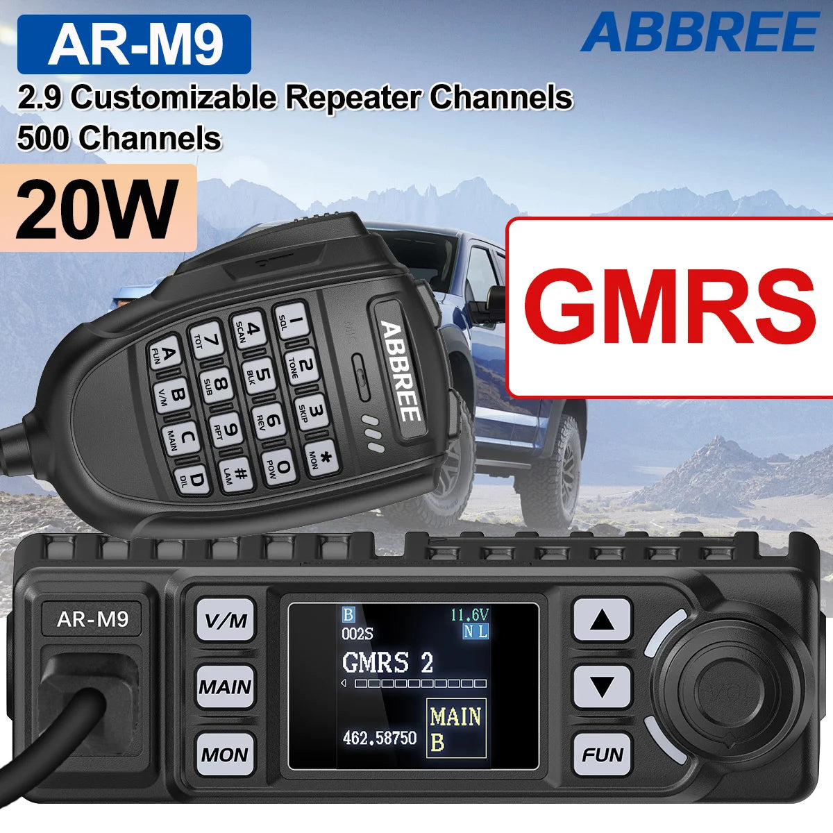 ABBREE GMRS Mobile Radio 20W Walkie Talkie Car Radio Station Long Range Ham Radio Transceiver NOAA VHF UHF for Trucker Vehicle