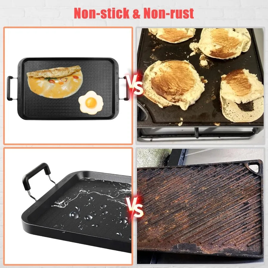 2-Burner Griddle Pan with Glass Lid for Gas Stove Top - Nonstick Aluminum Camping Grill Pan Ideal for Cooking Pancakes Eggs and