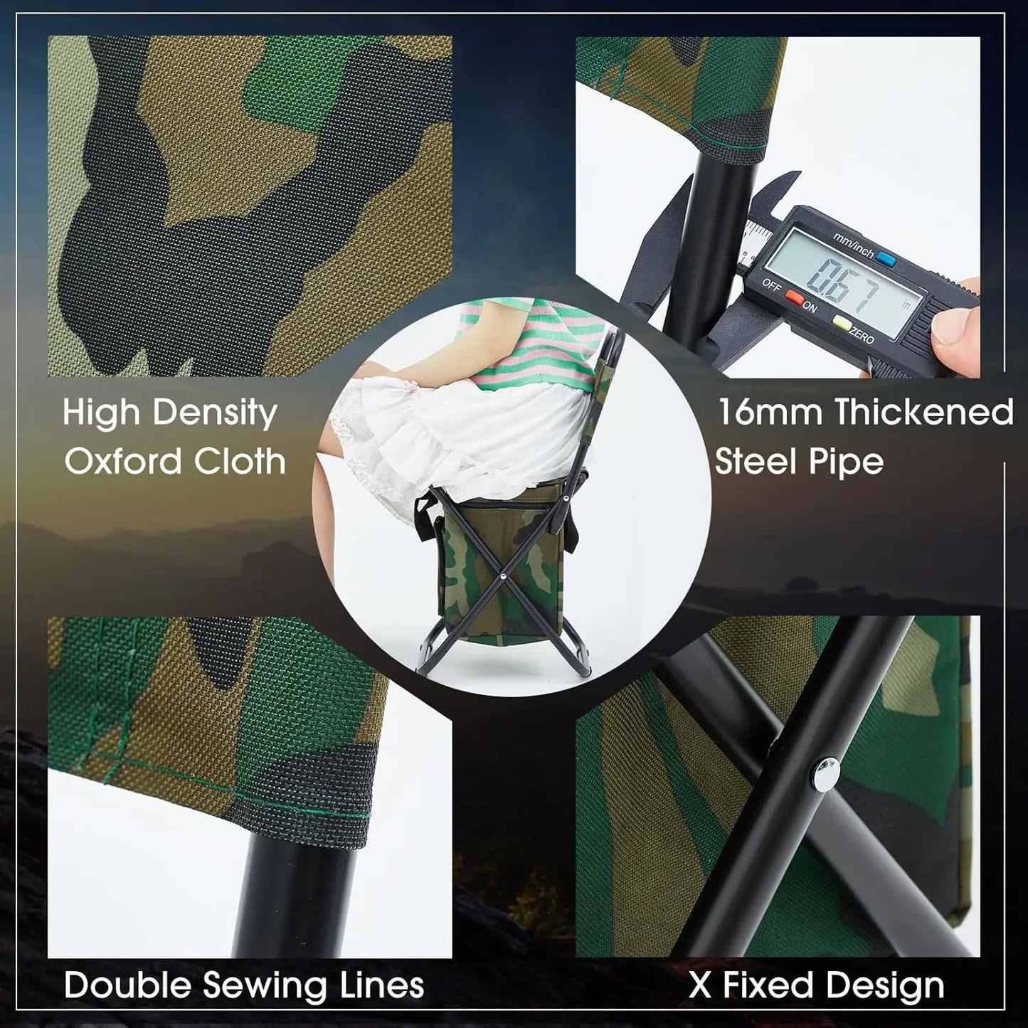 2 Pcs Folding Fishing Chair with Cooler Bag, Portable Camp Hunting Stool, Compact Backrest with Backpack (Camo)