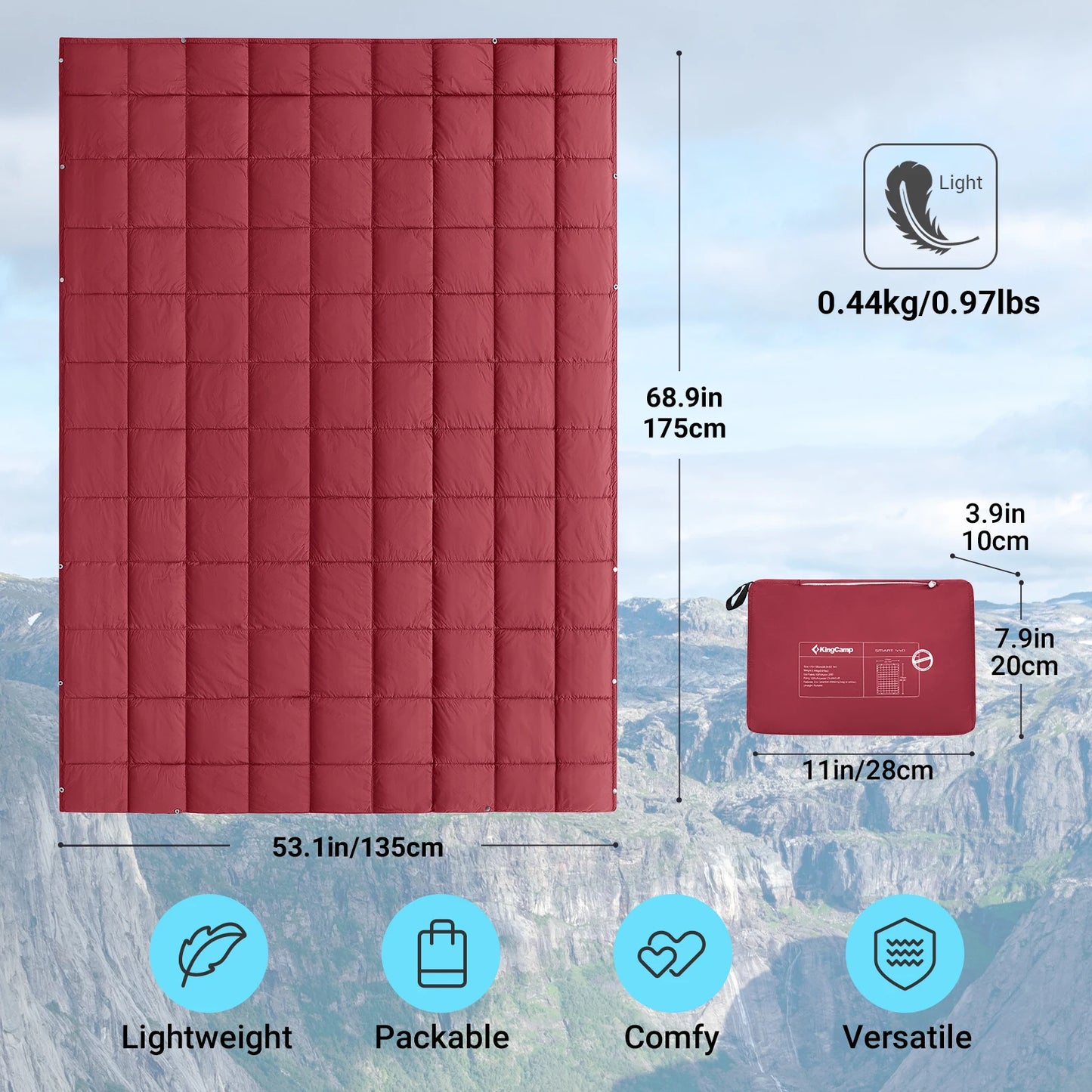 KingCamp Ultralight Camping Blanket, Packable Down Alternative Puffy Wearable Blankets Weatherproof Warm Package Quilt with Snap