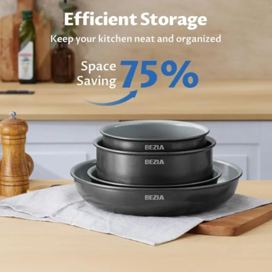 Induction Cookware with Healthy Ceramic Coating for Outdoor Camping and RV Living 10-Piece Nonstick Pots and Pans Set with Deta