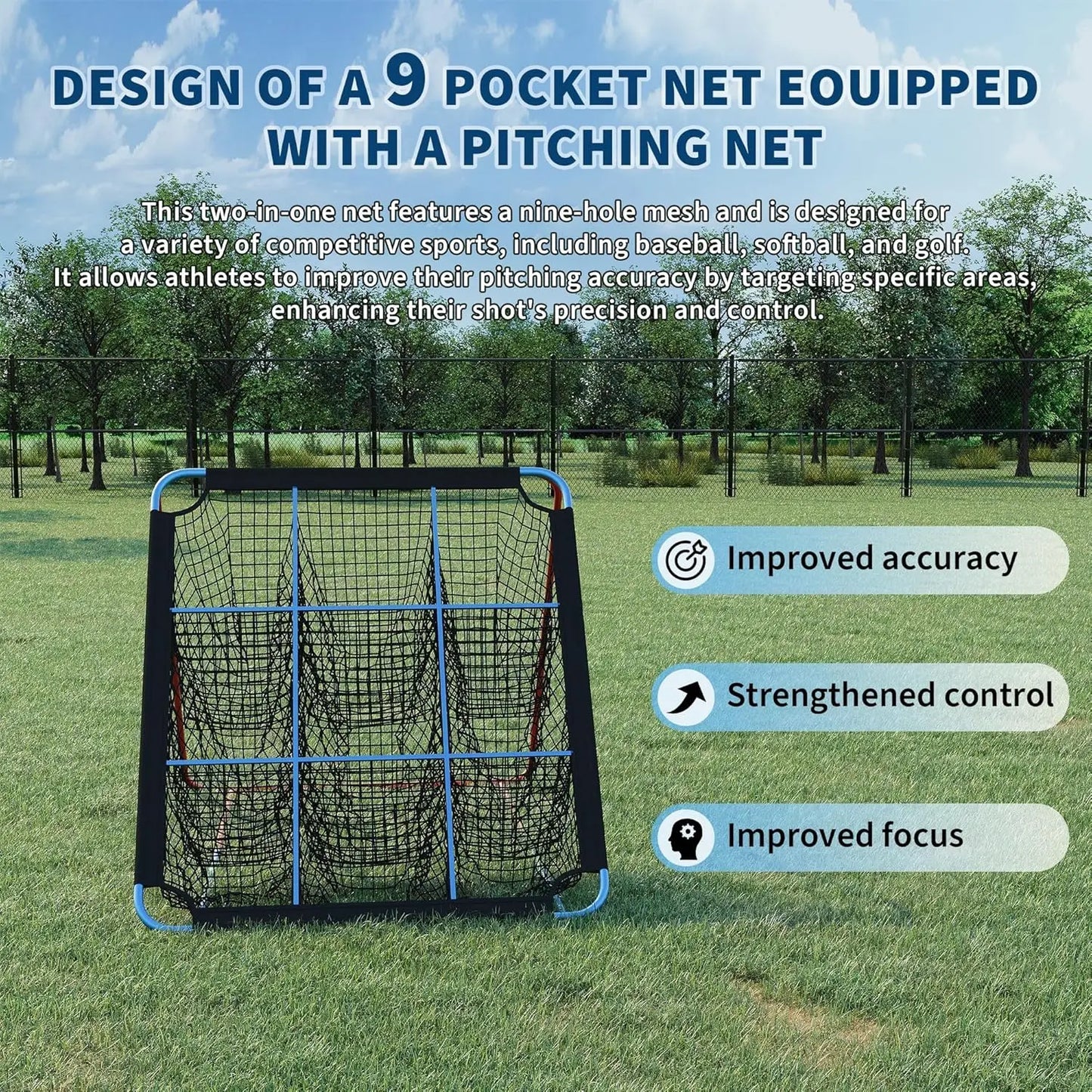 Baseball Rebounder Net, 12-Angle Baseball Pitching Net with 9 Pocket Net, Softball & Baseball Training Equipment