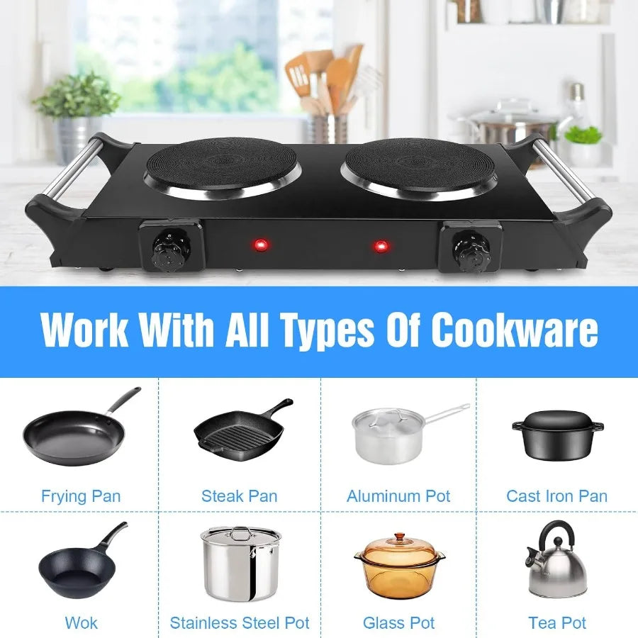 Portable Electric Stove Double Burner Hot Plate with 5 Temperature Settings 2000W Countertop Cooktop for RV Home and Camping Us