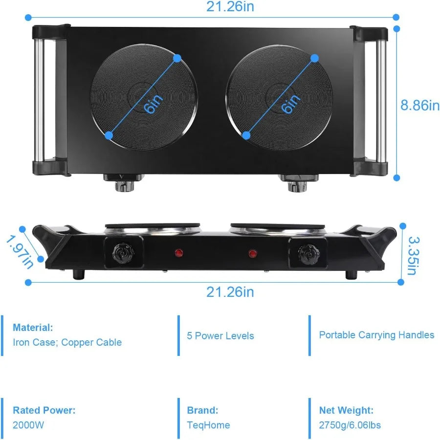 Portable Electric Stove Double Burner Hot Plate with 5 Temperature Settings 2000W Countertop Cooktop for RV Home and Camping Us