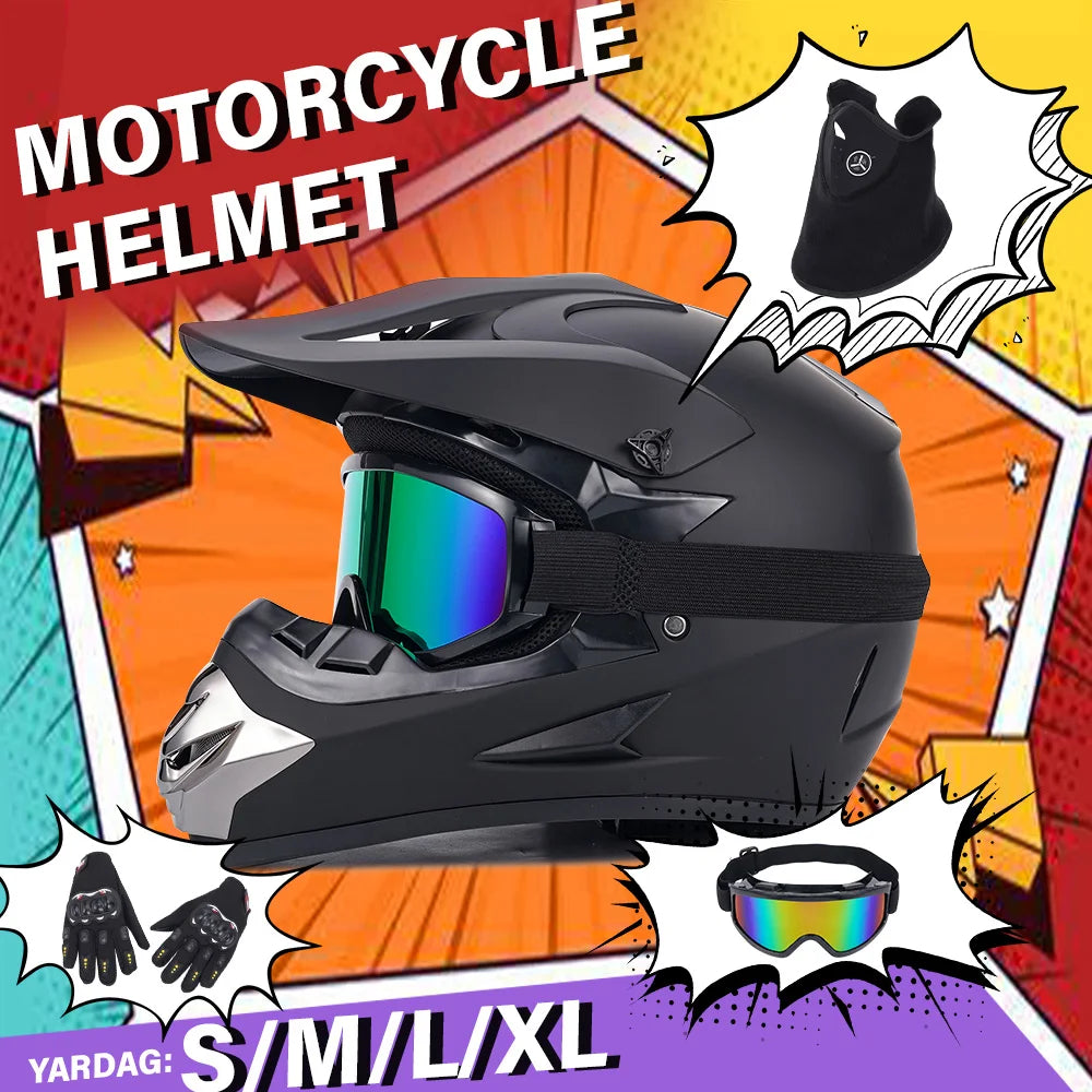 Motocross Full Face Helmet Adult Dirt Bike UTV Off-Road Helmet Goggles Gloves and Face Mask Matte Black Motorcycle Accessories