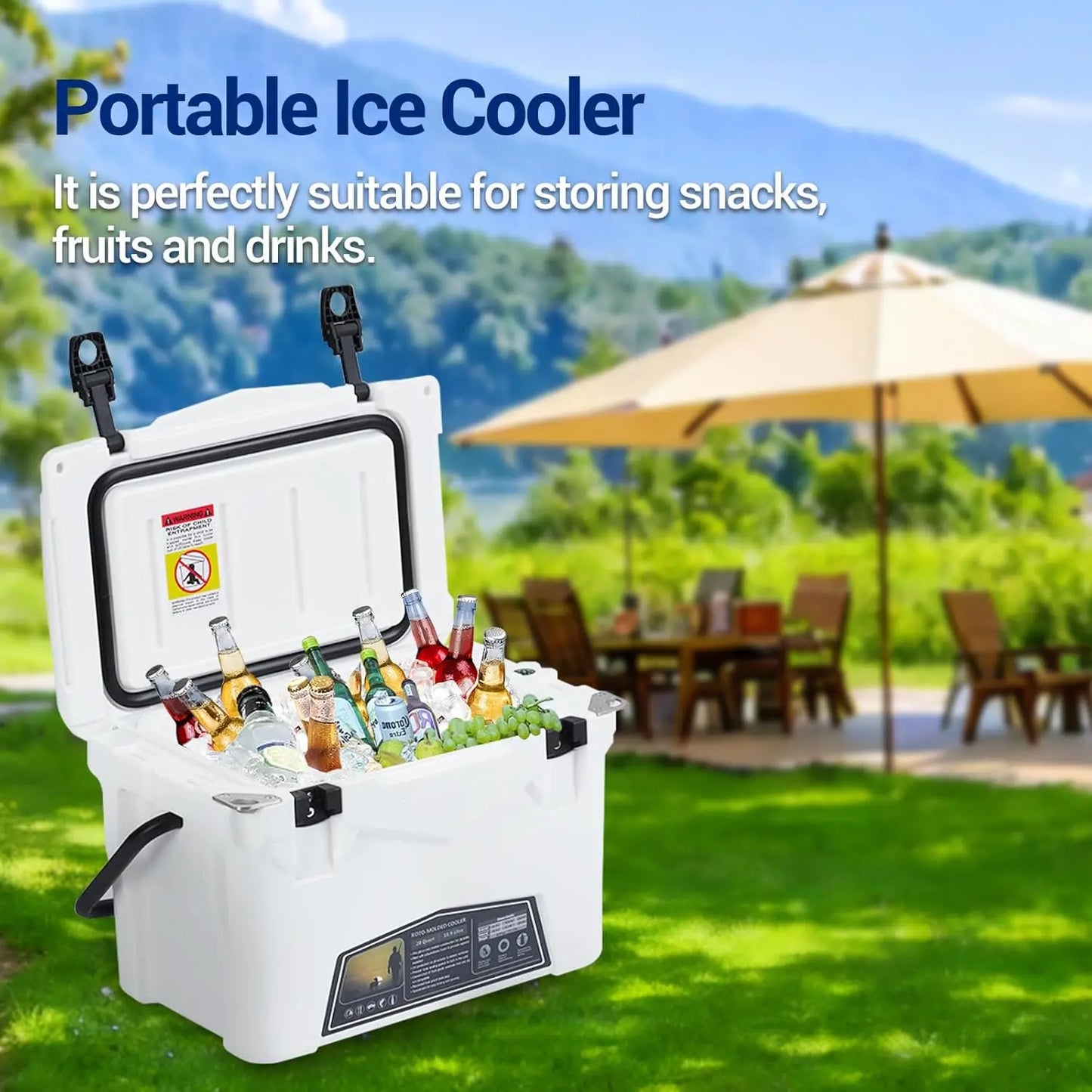 Portable Ice Cooler, Heavy Duty Ice Chest with Portable Cup Holder, Fish Ruler, Bottle Openers, Camping Cooler for Beach Boat