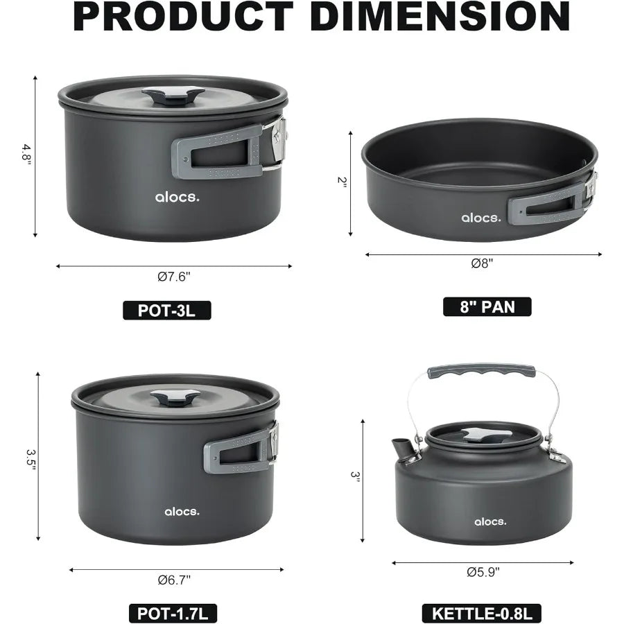 Alocs 17pcs Lightweight Camping Cookware Set for 2 People - Portable Outdoor Cooking Kit with Kettle and Stainless Steel Utensi