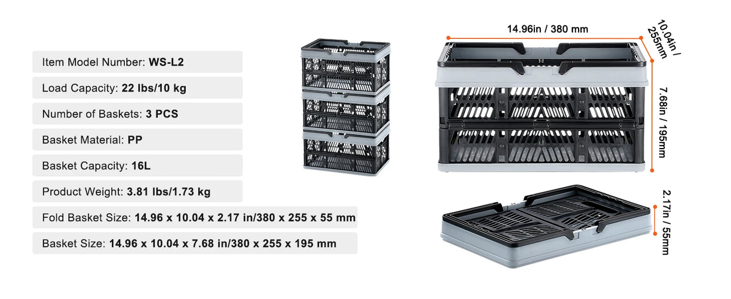 SucceBuy 3pcs Foldable Storage Basket Collapsible Shopping Crate with Handle for Kitchen Grocery Room Desktop Organization