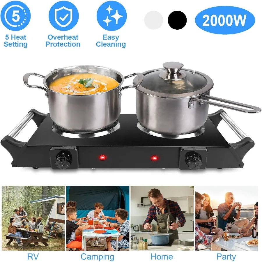 Portable Electric Stove Double Burner Hot Plate with 5 Temperature Settings 2000W Countertop Cooktop for RV Home and Camping Us