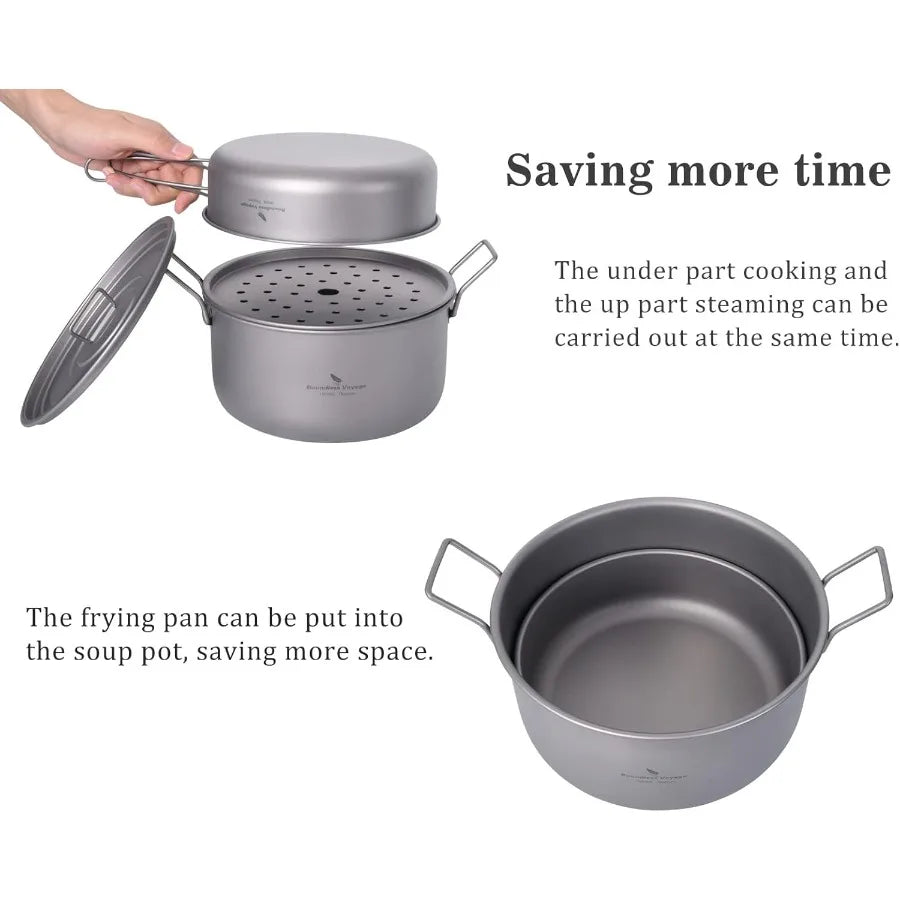 Multifunctional Titanium Steamer Pot with Frying Pan and Vented Lid for Outdoor Camping Backpacking Kitchen: Lightweight Durabl