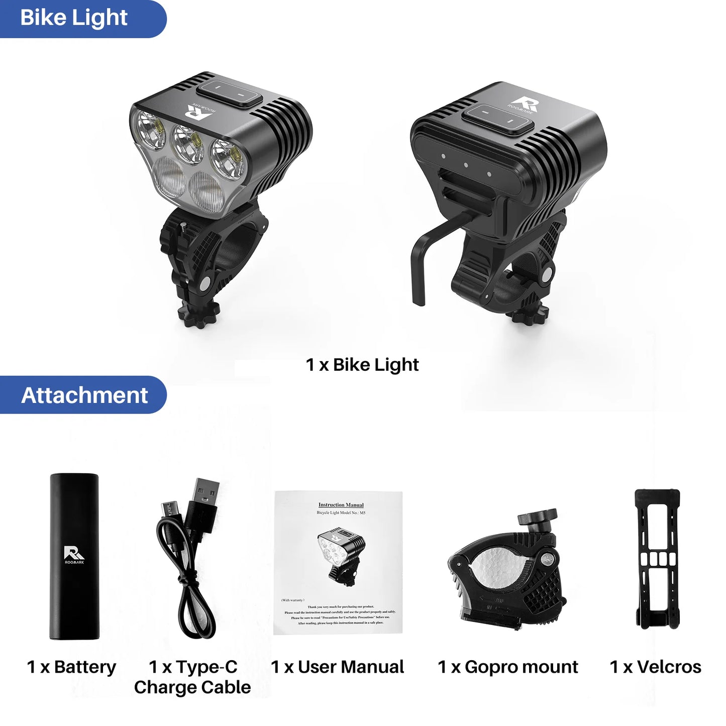Roomark Bike Headlight 20000 mAh Waterproof Bicycle light w/ 360º visibility Head Lamp USB Rechargeable Cycling Lamp Accessories