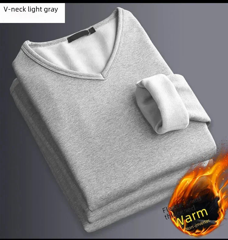 Men's Winter Thermal Underwear Tops Fleece-lined Thickened Warm Sweatshirt Solid Color O-neck V-neck Base Shirt Large Size 5XL