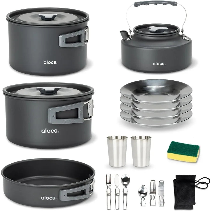 Alocs 17pcs Lightweight Camping Cookware Set for 2 People - Portable Outdoor Cooking Kit with Kettle and Stainless Steel Utensi