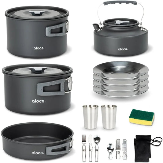 Alocs 17pcs Lightweight Camping Cookware Set for 2 People - Portable Outdoor Cooking Kit with Kettle and Stainless Steel Utensi