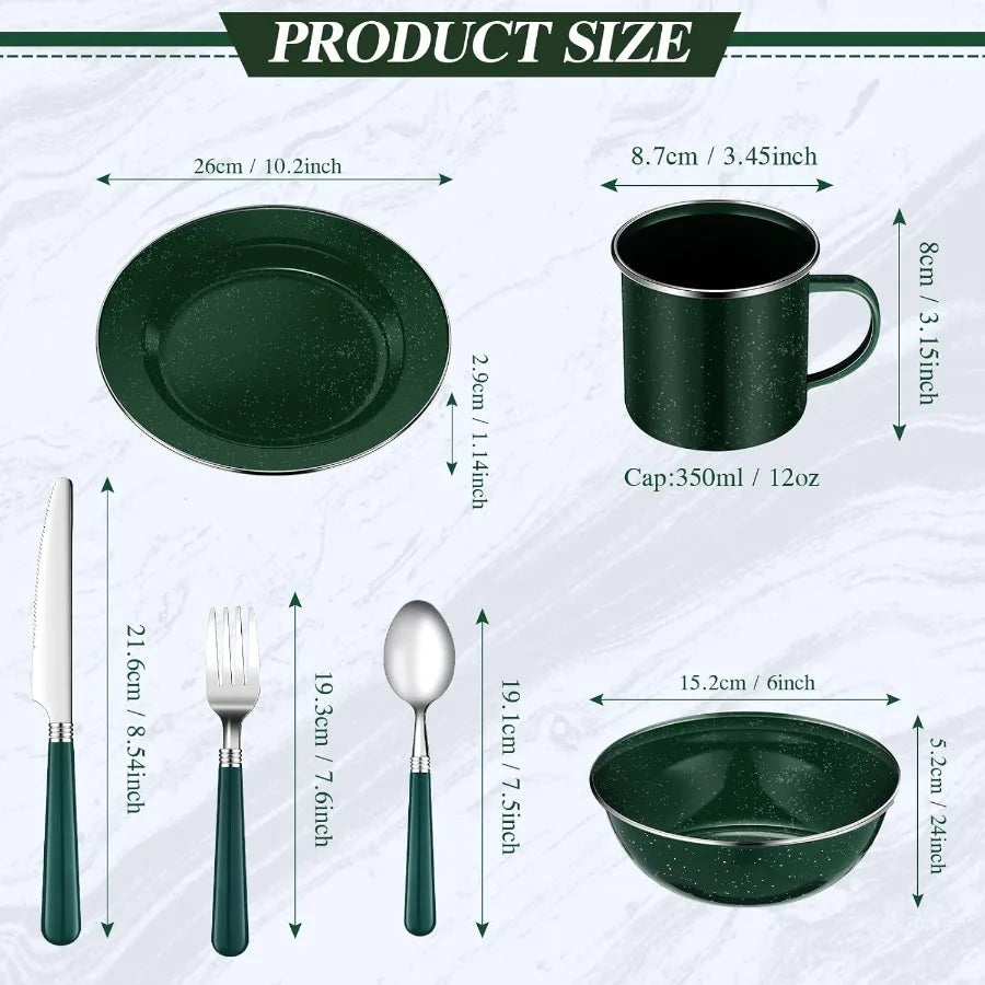 Nuogo 48 Pcs Enamel Camping Tableware Set with 12 oz Coffee Mugs 10.5 Inch Camping Plates 6 Inch Bowls and Utensil Kit Includin