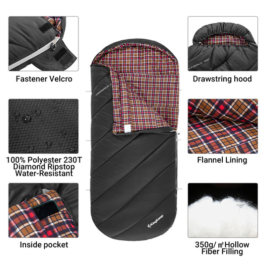 KingCamp Sleeping Bag for Adults, Cold Weather & Warm Extra Wide Big & Tall XL Portable Waterproof Flannel Sleeping Bags, Essent