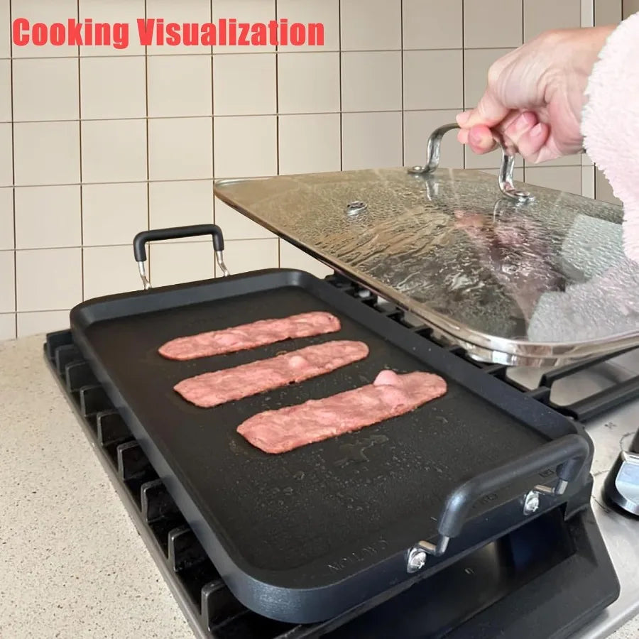 2-Burner Griddle Pan with Glass Lid for Gas Stove Top - Nonstick Aluminum Camping Grill Pan Ideal for Cooking Pancakes Eggs and