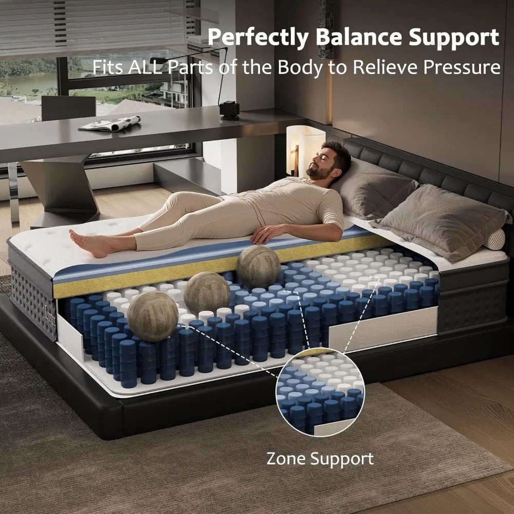 14 Inch Mattress in a Box, Cooling Matress with Memory Foam & Individual Pocket Springs for Pressure Relief & Spinal Alignment