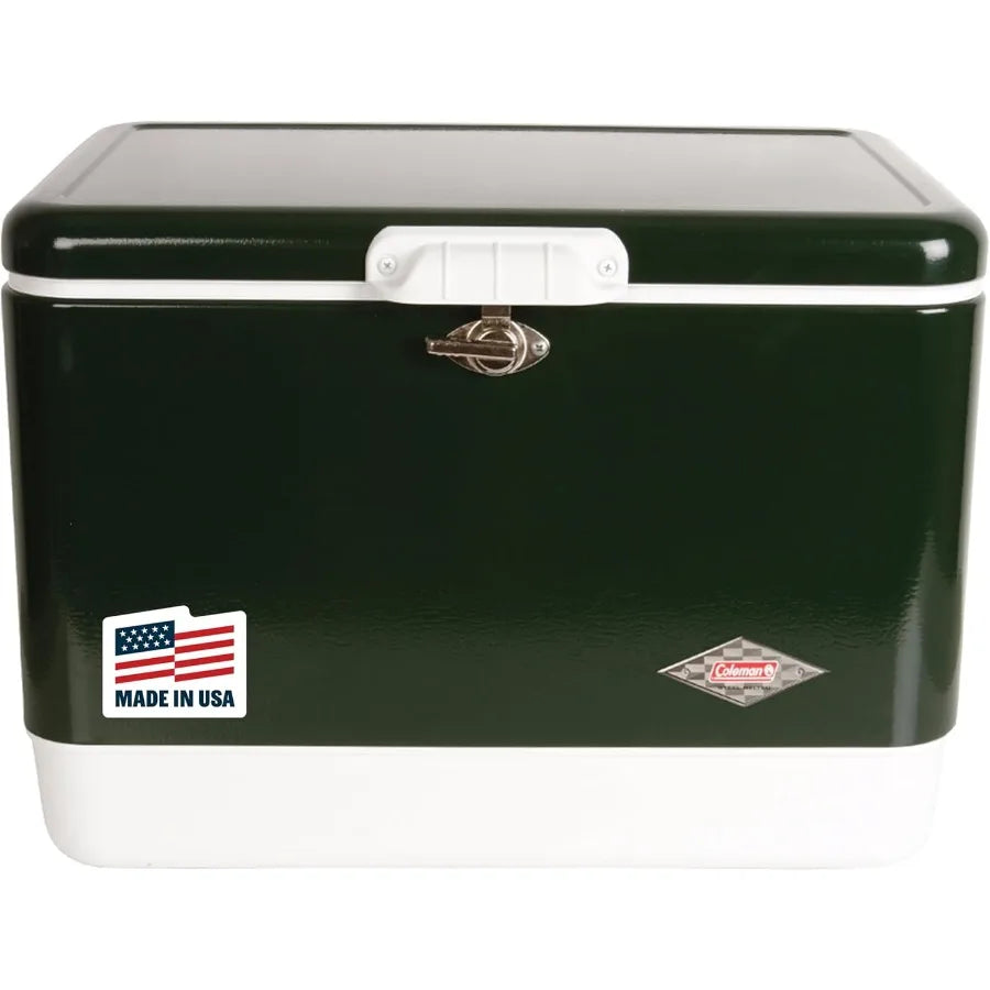 Vintage 54qt Steel Belted Cooler with 85-Can Capacity Keeps Ice for Up to 4 Days Durable Hard Cooler Featuring Drainage System