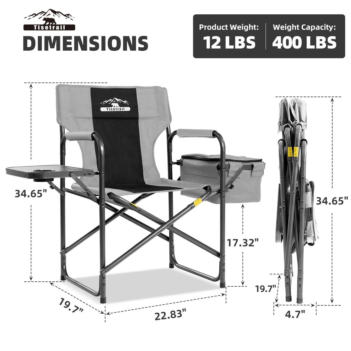 Tisetrail Director Camping Chair with Cooler Bag Camping Directors Chair with Foldable Side Tray Outdoor Lawn Chair Gray&Black