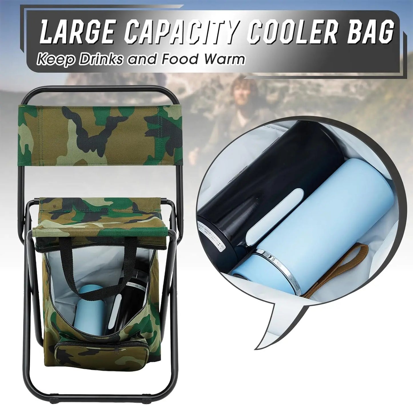 2 Pcs Folding Fishing Chair with Cooler Bag, Portable Camp Hunting Stool, Compact Backrest with Backpack (Camo)