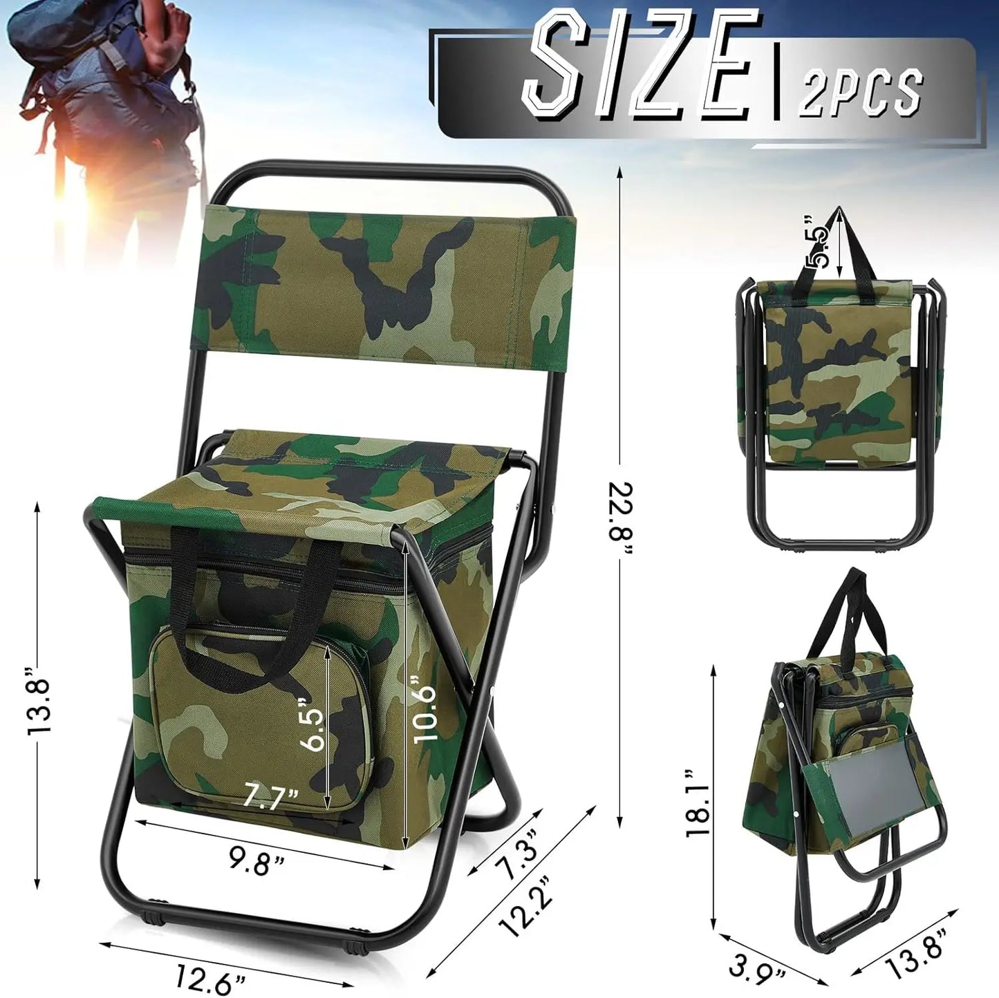 2 Pcs Folding Fishing Chair with Cooler Bag, Portable Camp Hunting Stool, Compact Backrest with Backpack (Camo)