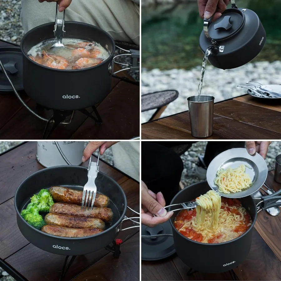 Alocs 17pcs Lightweight Camping Cookware Set for 2 People - Portable Outdoor Cooking Kit with Kettle and Stainless Steel Utensi