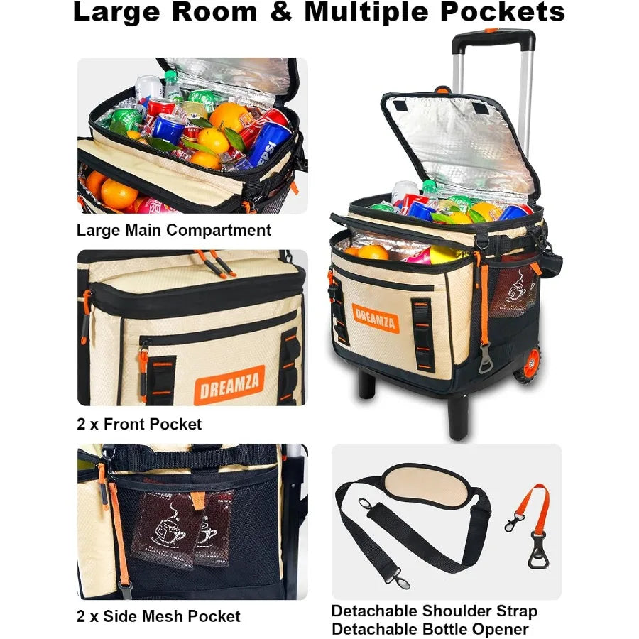 Soft Cooler with Wheels 60-Can Wheeled Cooler with Handle Leak Proof Rolling Cooler Insulated Bag with All-Terrain Cart Collaps