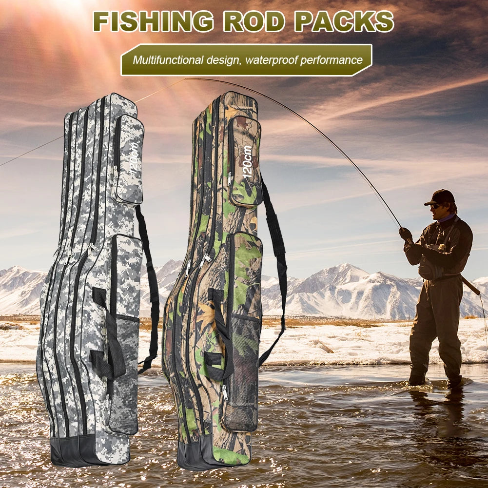 3 Layer Collapsible Fishing Rod Bag Waterproof Camo Fishing Tackle Backpack Large Capacity Multifunctional for Outdoor Fishing