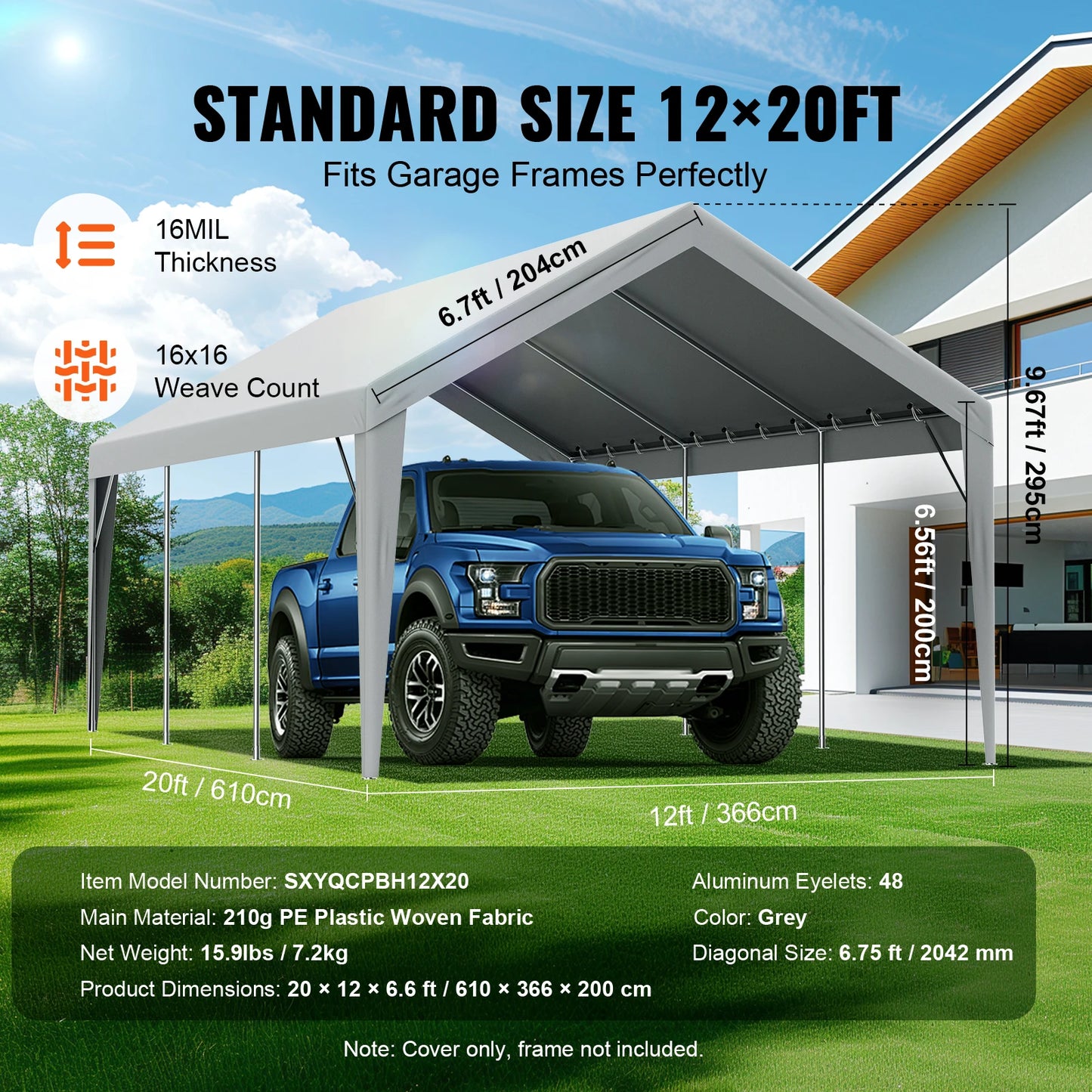 SucceBuy Carport Replacement Canopy Cover Garage Top Tent Shelter Tarp Heavy-Duty Waterproof & UV Protected （Frame Not Include）